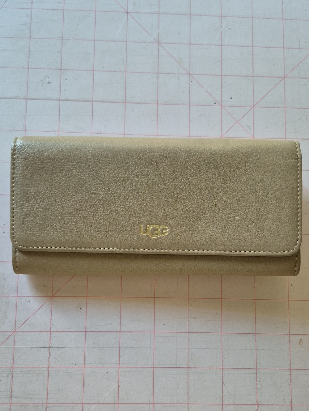 UGG Taupe Leather Fold-Over Wallet with Gold Logo